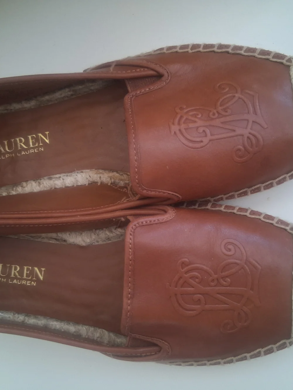 Ralph Lauren Tan Leather Espadrille Slip-Ons with Embossed Logo